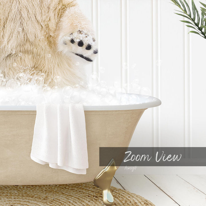 A polar bear is standing in a bathtub filled with bubbles, with a towel and a golden object nearby.