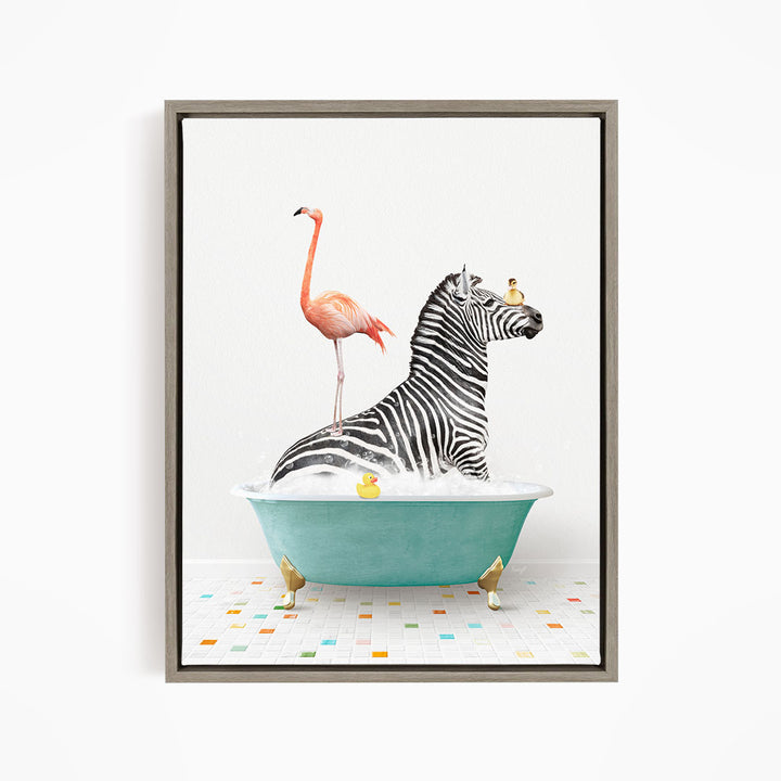 A zebra is sitting in a bathtub filled with bubbles, with a pink flamingo standing on one leg and a yellow rubber duck floating nearby.