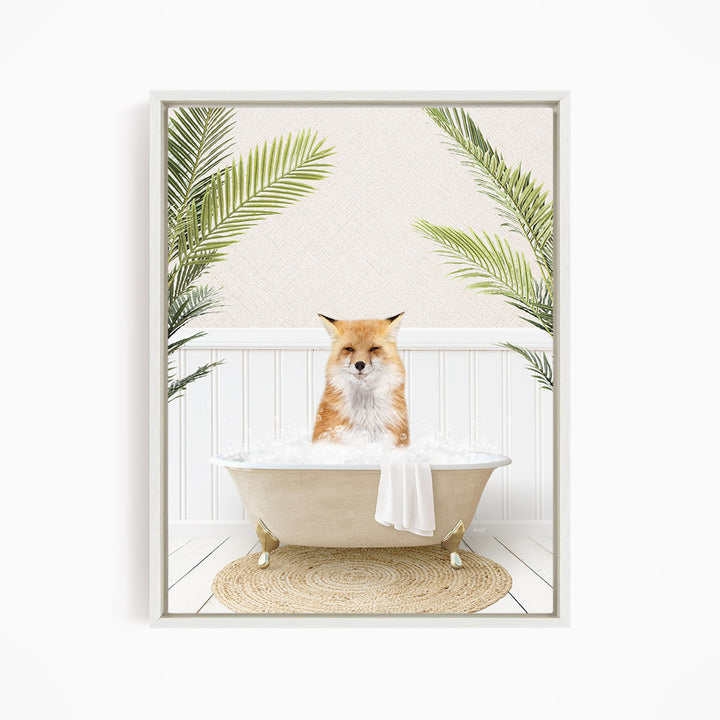 A red fox is sitting in a white bathtub filled with water, surrounded by green palm leaves.