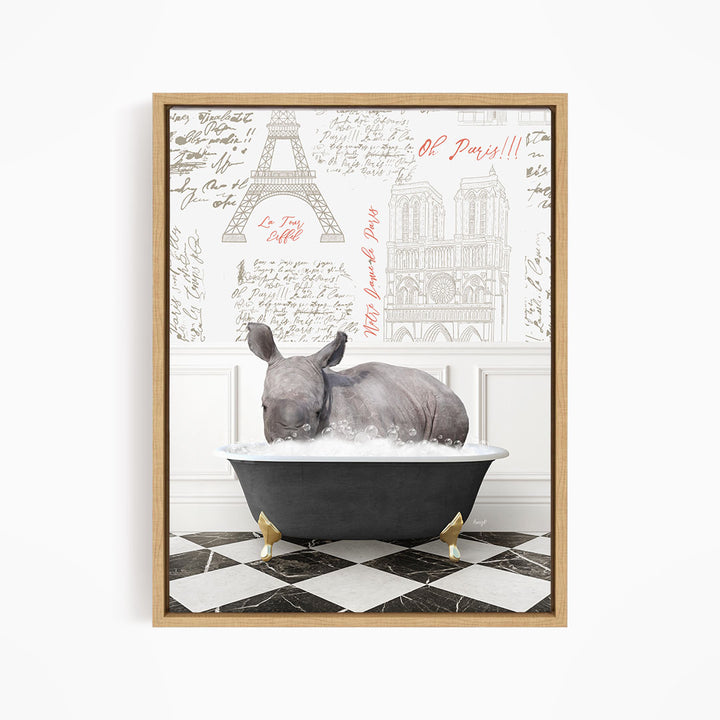 A rhinoceros is sitting in a bathtub filled with water, surrounded by various texts and illustrations related to Paris.