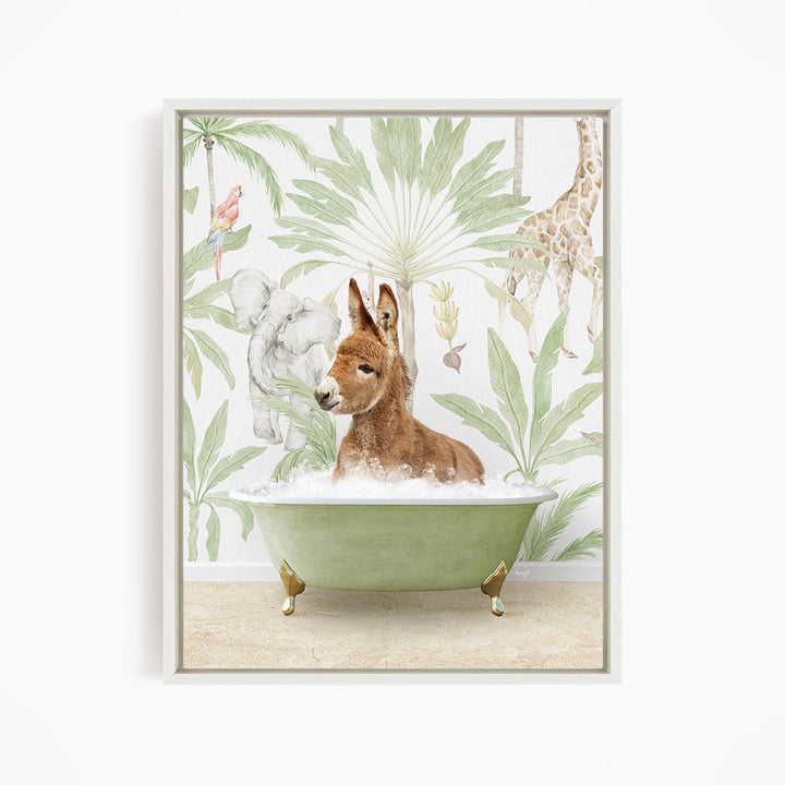 A donkey is sitting in a green bathtub filled with water, surrounded by tropical plants and animals, such as a giraffe and a parrot, in a whimsical and playful scene.