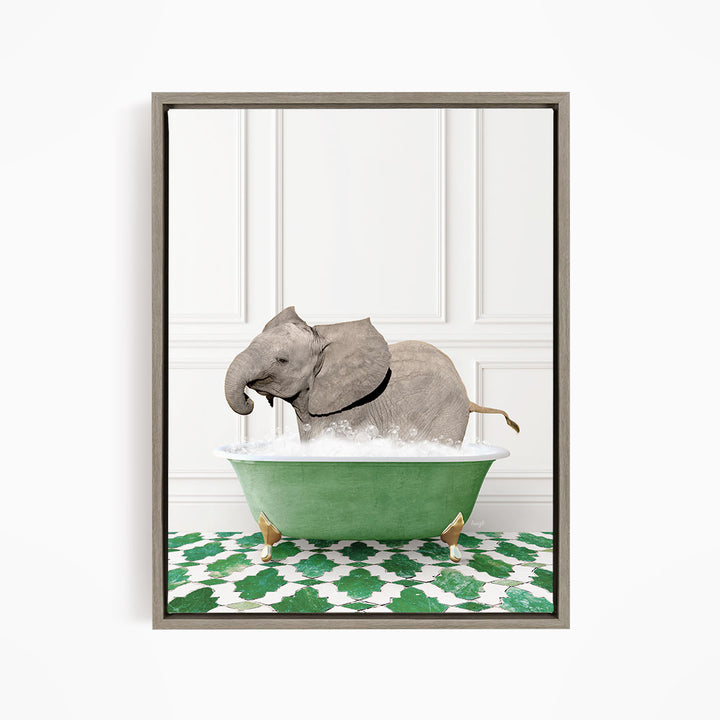 A gray elephant is sitting in a green bathtub filled with water, surrounded by a green and white patterned floor.