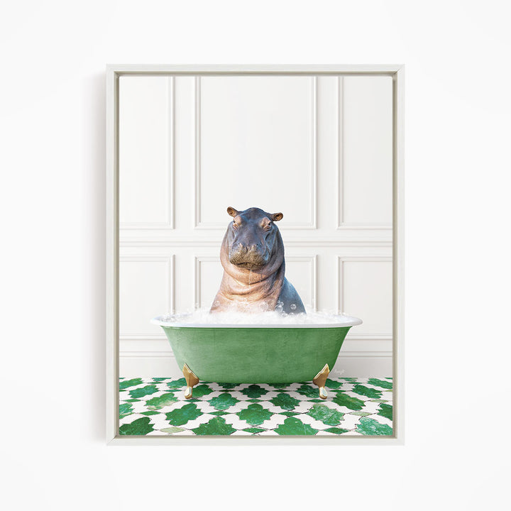 A hippopotamus sitting in a green bathtub filled with water, surrounded by a green and white patterned floor.