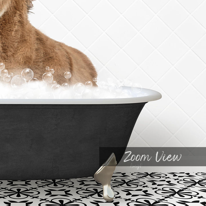 A dog is standing in a bathtub filled with bubbles, enjoying a relaxing bath.