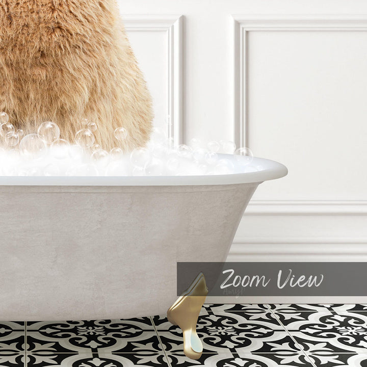 A white bathtub filled with bubbles, with a cat's head partially submerged in the water.