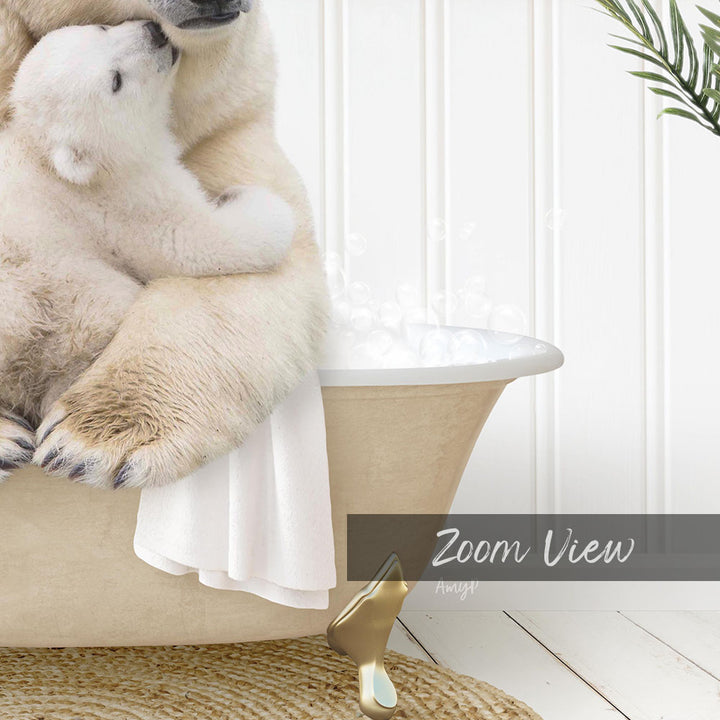 A polar bear cub sitting in a bathtub, with a towel draped over its back, and a plant in the background.