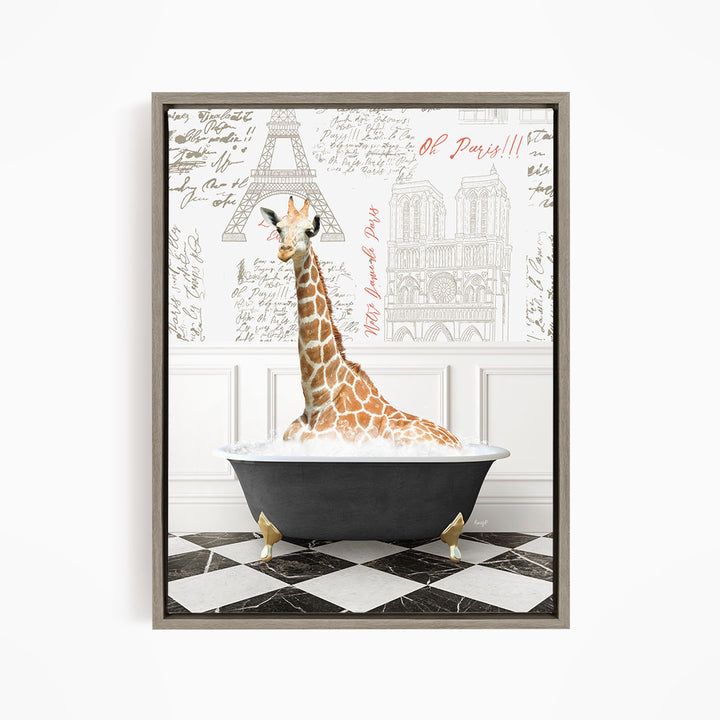 A giraffe sitting in a bathtub filled with water, surrounded by a checkered floor and a wall with the Eiffel Tower and other Parisian landmarks.