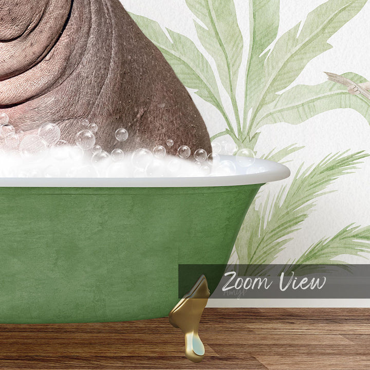 A green bathtub filled with bubbles, with a gold faucet and a palm tree wallpaper in the background.