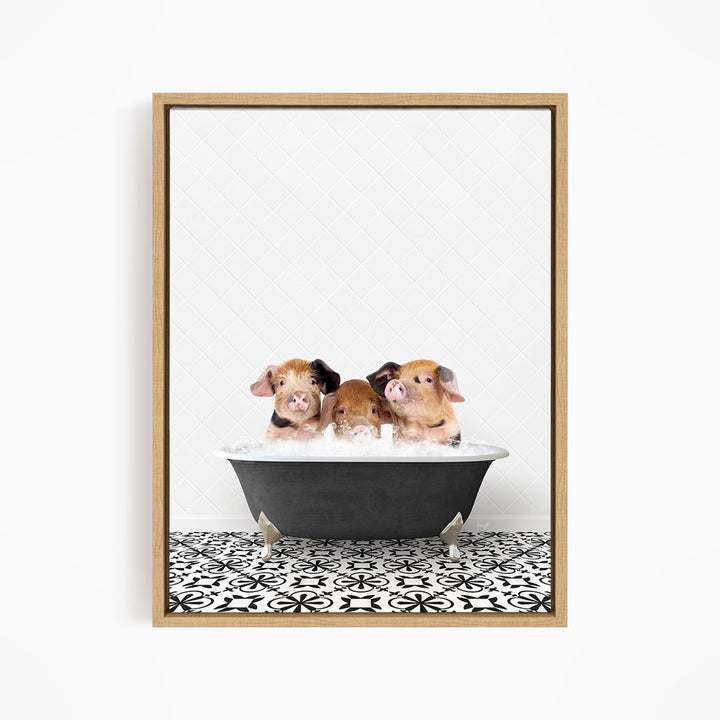 Three adorable pigs sitting in a black bathtub filled with water, creating a playful and whimsical scene.