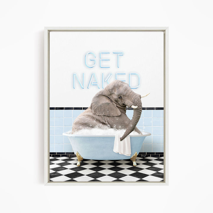 A gray elephant sitting in a blue bathtub, with the text "GET NAKED" displayed above it.