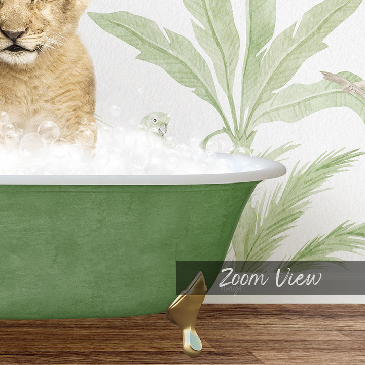 A cat is sitting in a green bathtub filled with bubbles, with a bird perched on the edge of the tub.