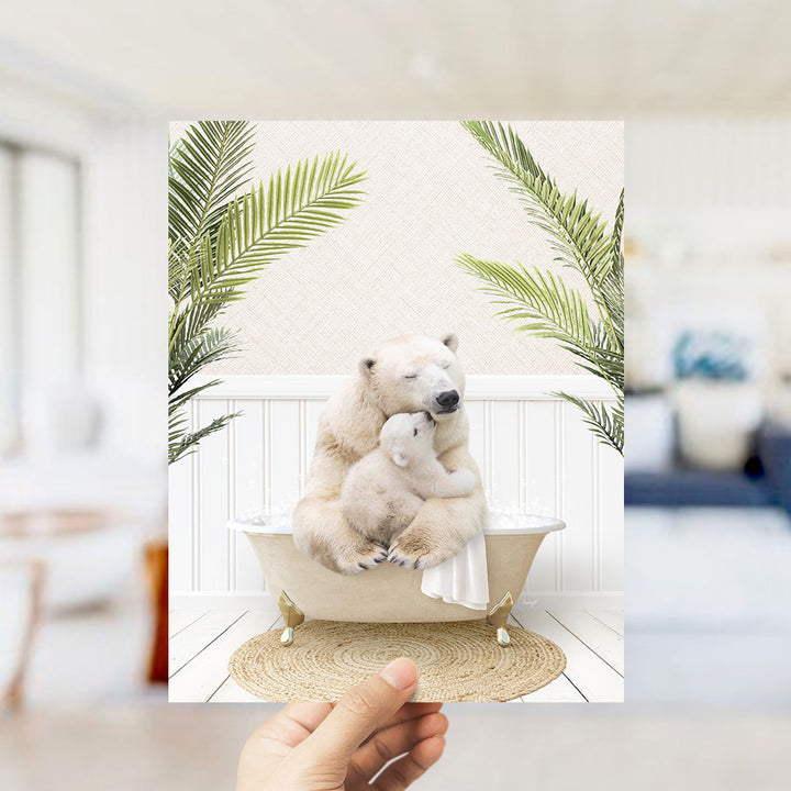 A polar bear is sitting in a bathtub, surrounded by palm leaves, with a baby polar bear nestled next to it.