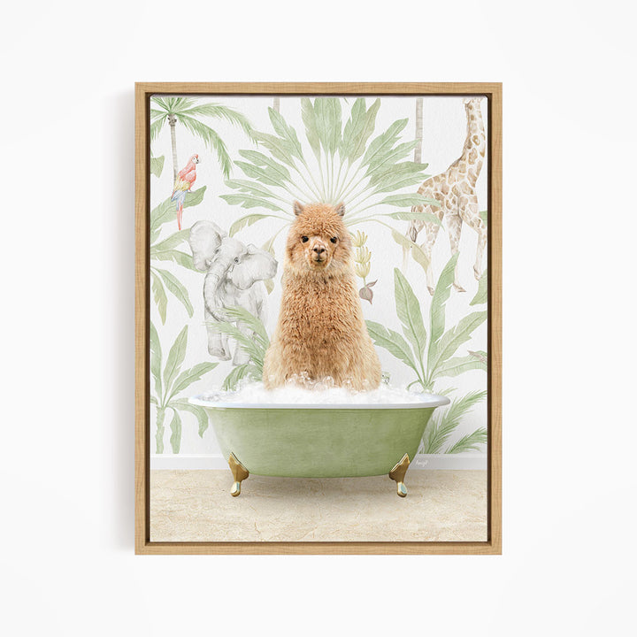 A fluffy brown dog is sitting in a green bathtub filled with water, surrounded by tropical plants and animals, such as a giraffe and a parrot.