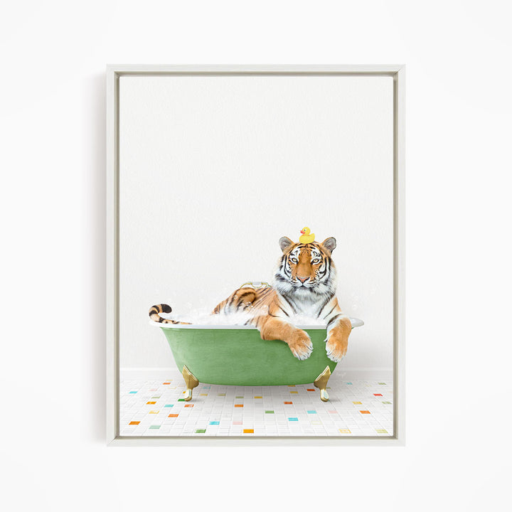 A tiger is sitting in a green bathtub, wearing a yellow crown, and looking directly at the camera.