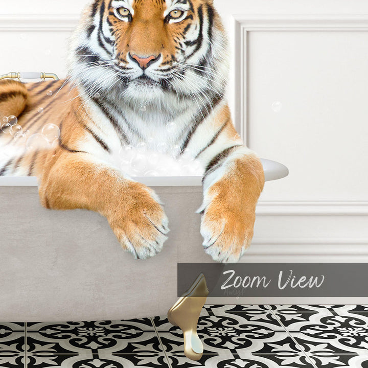 A tiger resting in a bathtub, surrounded by bubbles, with a black and white patterned floor in the background.