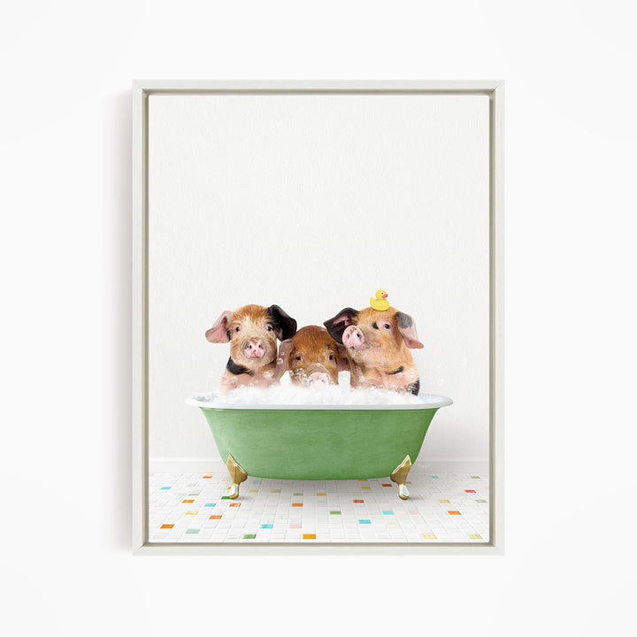 Three adorable pigs sitting in a green bathtub filled with bubbles, with one of them wearing a yellow hat.