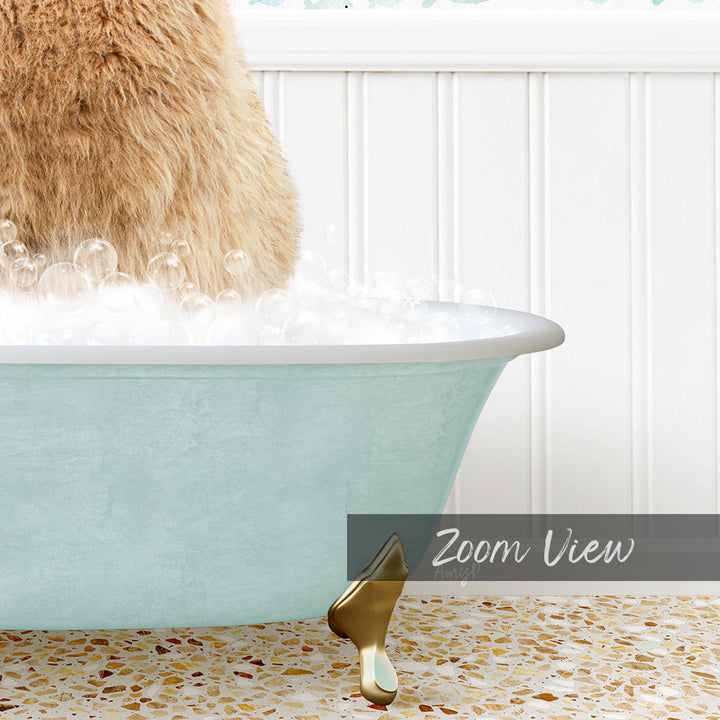 A close-up of a cat standing in a bathtub filled with bubbles, with a text overlay that reads "Zoom View".