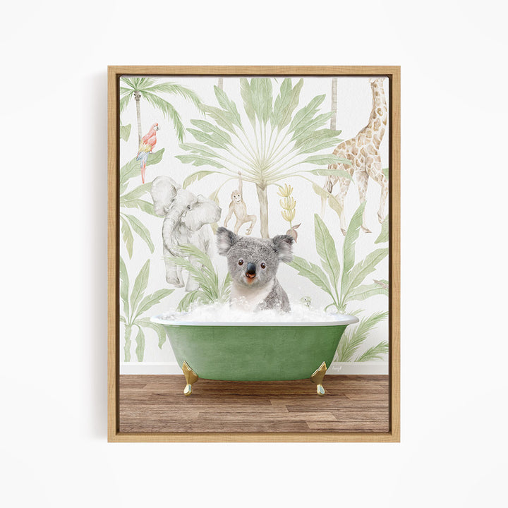A koala is sitting in a green bathtub, surrounded by a tropical jungle scene with palm trees, a giraffe, and other animals.