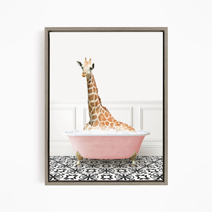 A giraffe sitting in a pink bathtub filled with water, surrounded by a black and white patterned floor.
