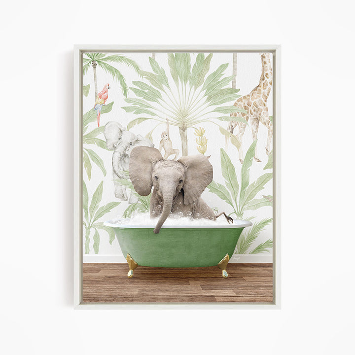 A framed illustration depicting an elephant sitting in a green bathtub, surrounded by tropical foliage and other animals.