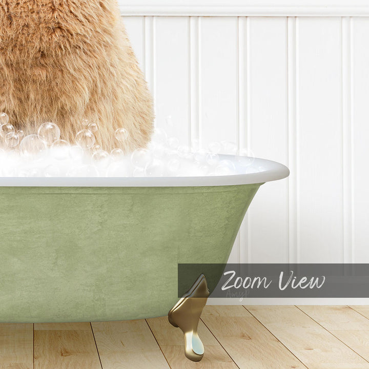 A fluffy brown cat is sitting in a green bathtub filled with bubbles, creating a cozy and playful scene.