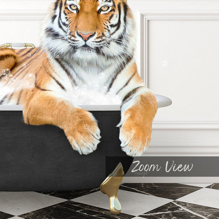 A tiger resting in a bathtub, surrounded by bubbles, with the text "Zoom View" below the image.