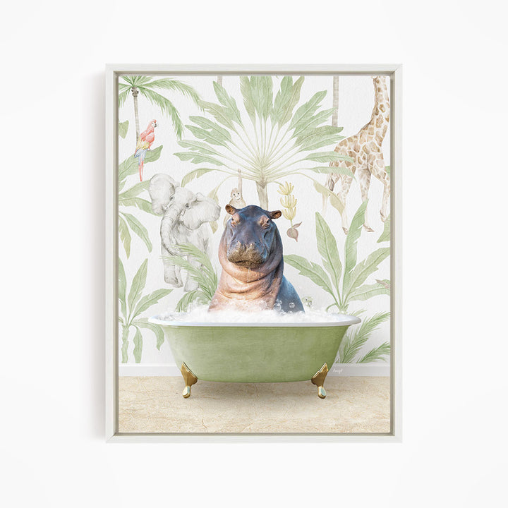 A hippopotamus sitting in a green bathtub, surrounded by tropical foliage and animals, including a giraffe and a parrot.