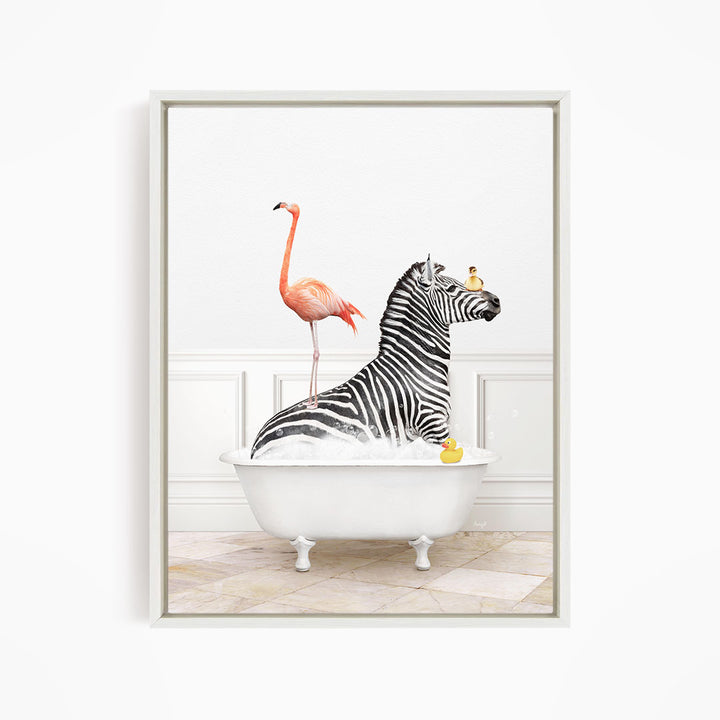A zebra is sitting in a white bathtub, surrounded by a pink flamingo and a yellow rubber duck, creating a whimsical and playful scene.