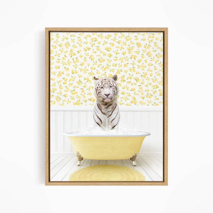 A white tiger is sitting in a yellow bathtub filled with water, surrounded by a yellow floral pattern on the wall behind it.