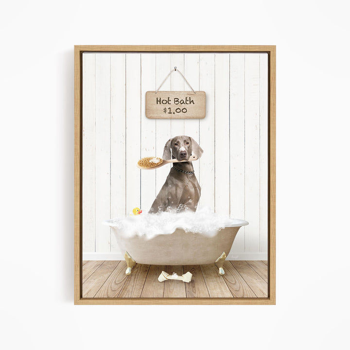A dog sitting in a bathtub filled with bubbles, holding a toy in its mouth, with a sign above indicating a hot bath for $1.00.