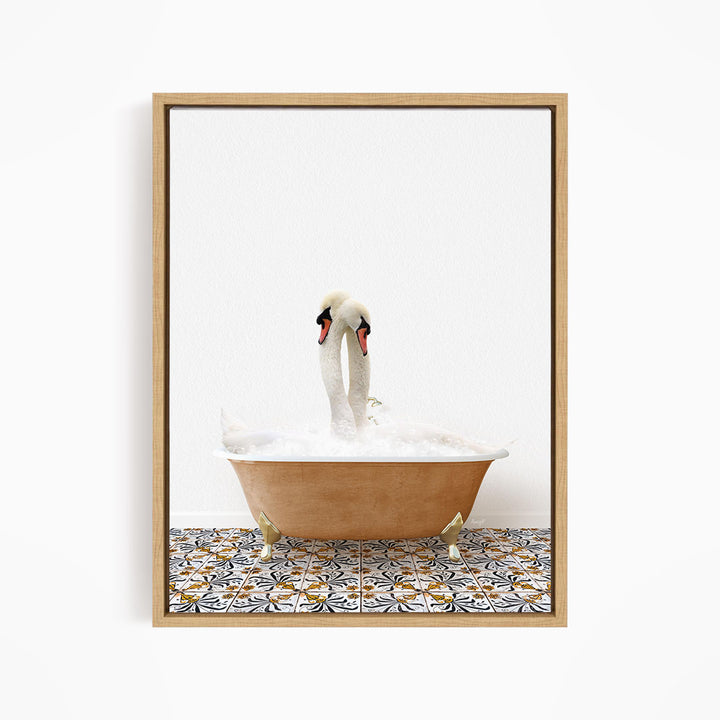 A pair of swans standing in a bathtub filled with water, with a patterned tile floor beneath them.