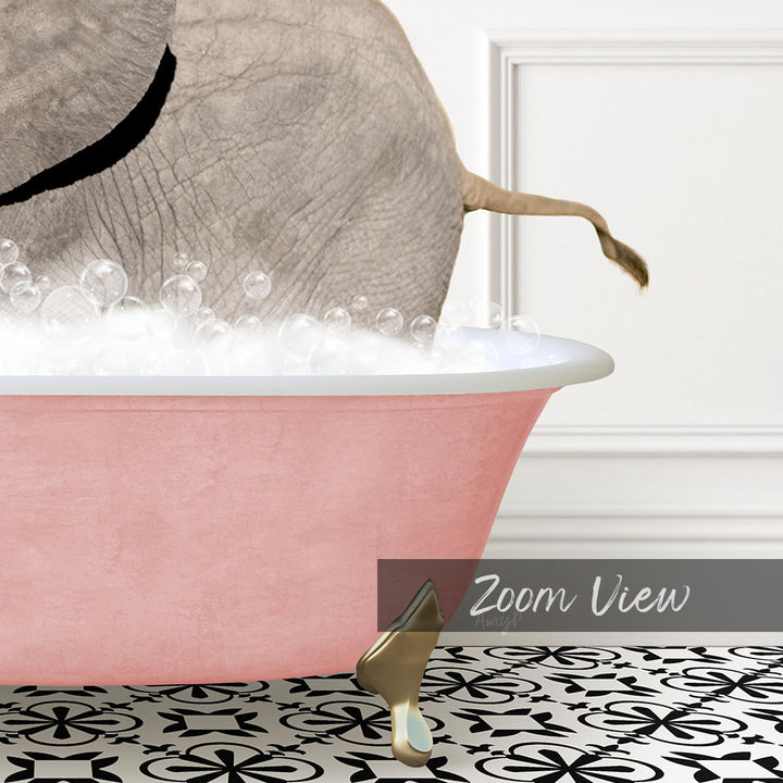 A pink bathtub filled with bubbles, with a gold faucet and a gold shoe placed in the tub.