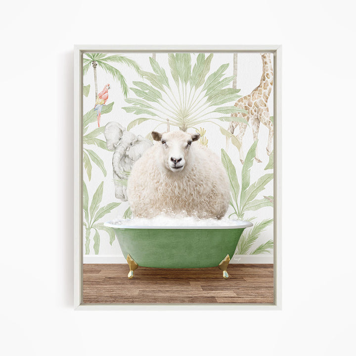 A sheep is sitting in a green bathtub, surrounded by a tropical wallpaper with palm trees and other animals.