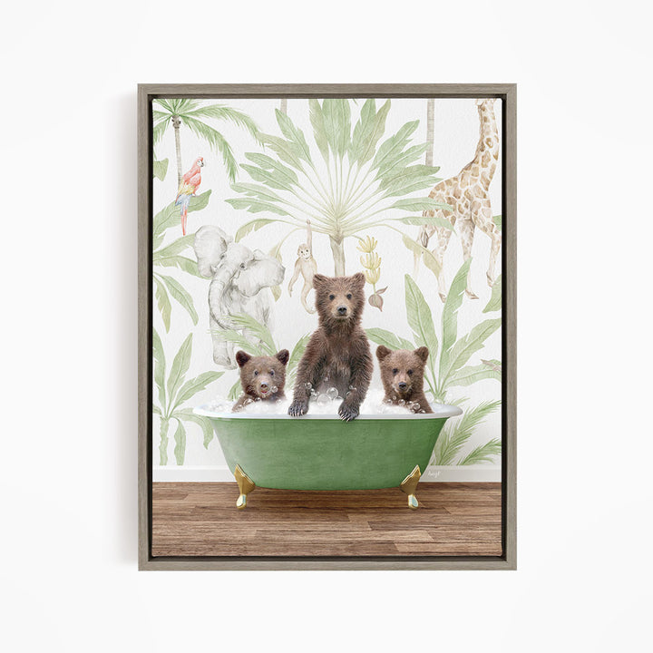 A framed print depicting three bears sitting in a green bathtub, surrounded by tropical foliage and animals.