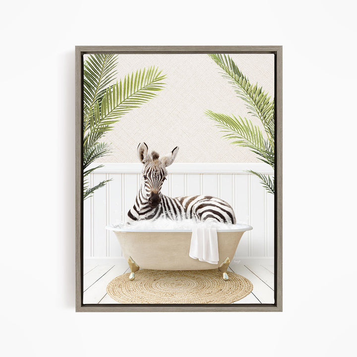 A zebra is sitting in a bathtub filled with water, surrounded by palm leaves, creating a whimsical and playful scene.