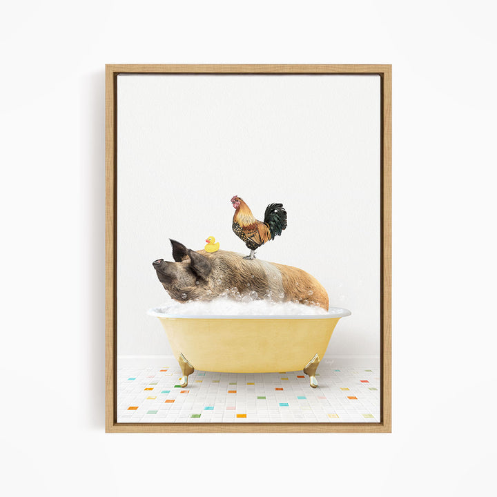 A pig is sitting in a yellow bathtub filled with water, with a rooster perched on its back.