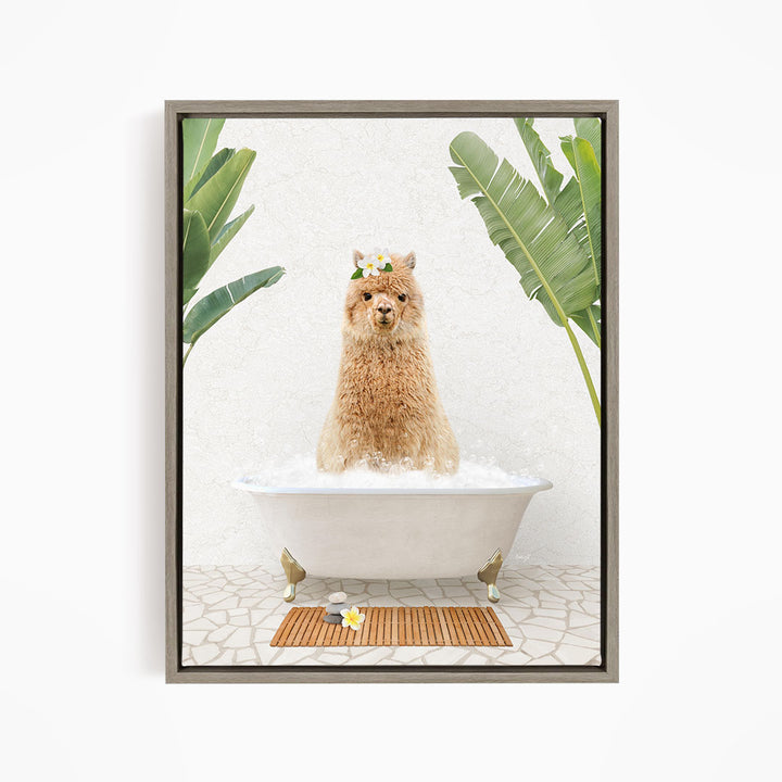 A fluffy brown dog sitting in a white bathtub, surrounded by tropical plants and a wooden mat on the floor.
