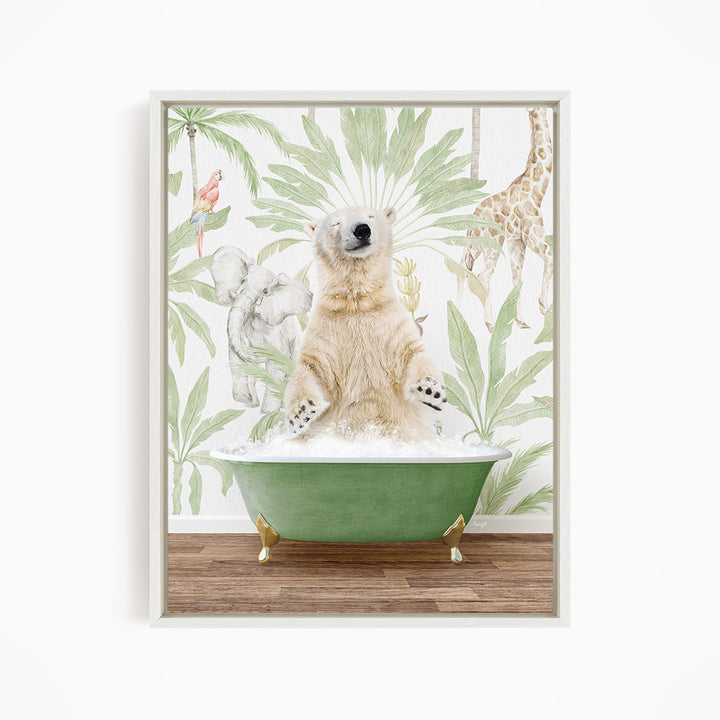 A polar bear is sitting in a green bathtub, surrounded by tropical plants and animals, including a giraffe and a parrot.