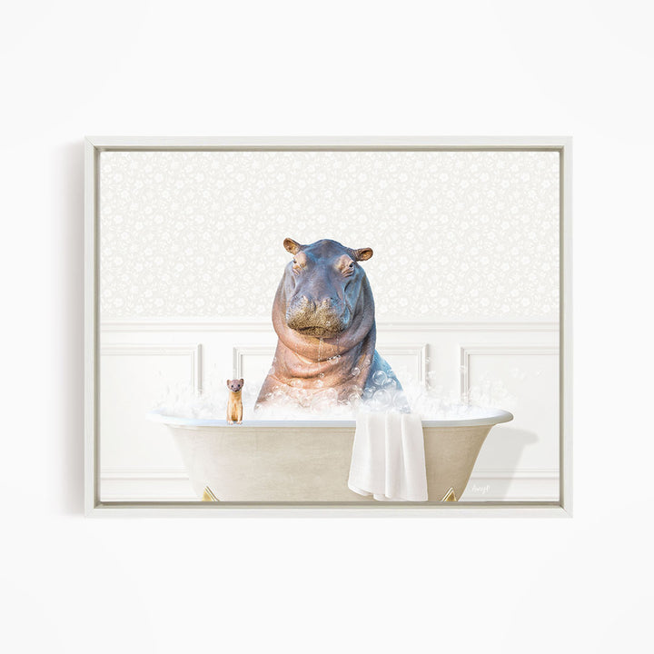 A hippopotamus sitting in a bathtub filled with water, surrounded by bubbles, with a small animal, possibly a cat, sitting on the edge of the tub.