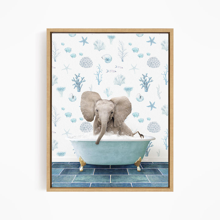 An elephant sitting in a blue bathtub filled with water, surrounded by various marine life and plants.