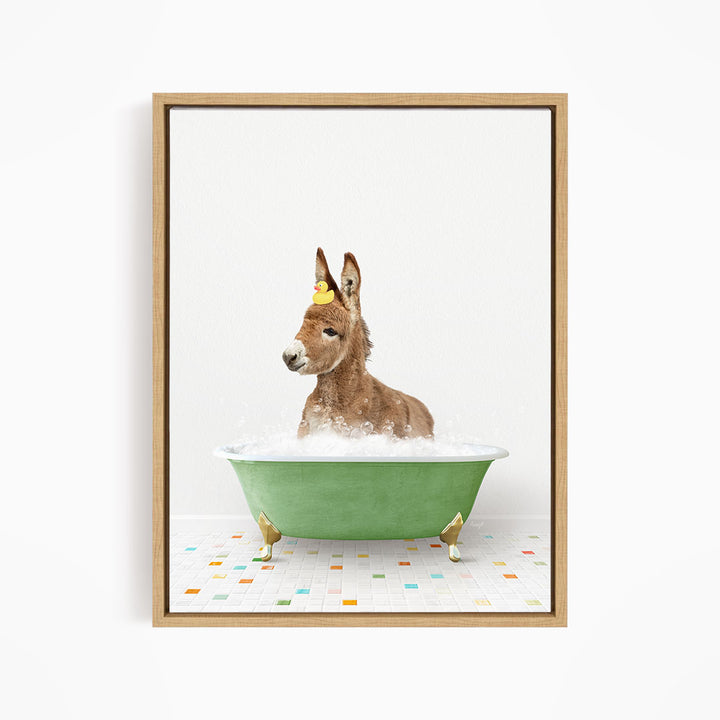 A donkey wearing a yellow hat is sitting in a green bathtub filled with bubbles, creating a whimsical and playful scene.