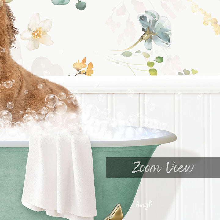 A close-up of a dog in a bathtub, surrounded by bubbles, with a floral wallpaper in the background.