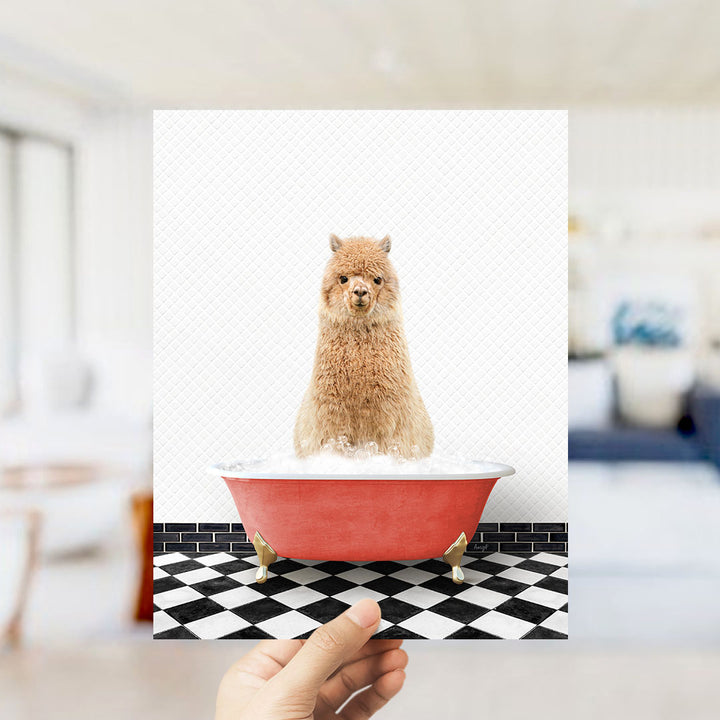 A hand holds up a framed image of a brown alpaca sitting in a red bathtub filled with bubbles, set against a black and white checkered floor.