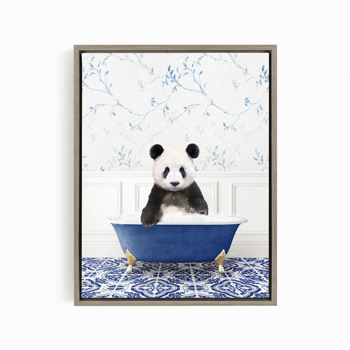 A panda bear sitting in a blue bathtub, surrounded by a blue and white patterned floor.