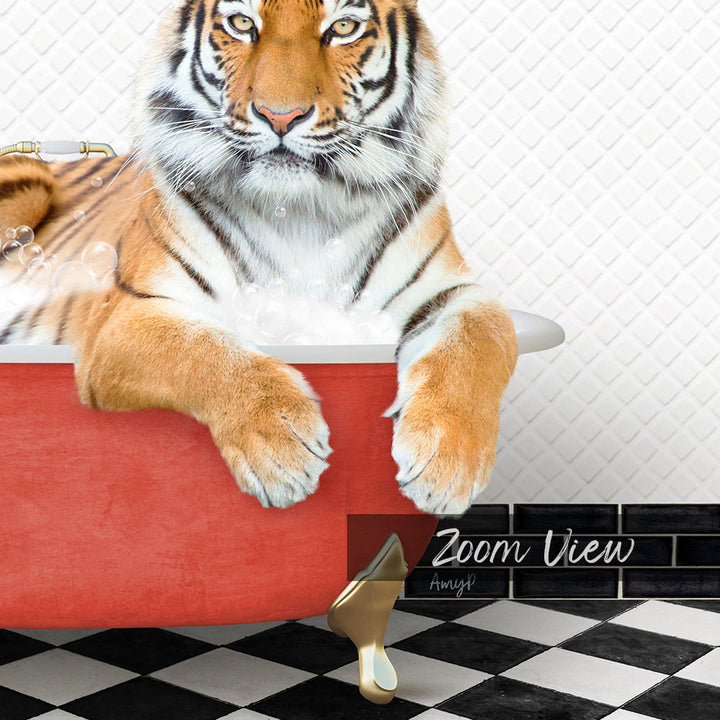 A tiger is sitting in a red bathtub filled with water, with bubbles around it, and the word "Zoom View" written on the floor.