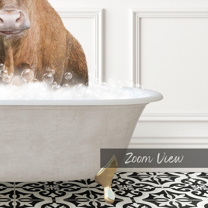 A brown cow is sitting in a white bathtub filled with bubbles, creating a whimsical and playful scene.