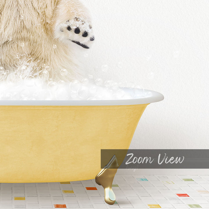 A fluffy white dog is standing in a yellow bathtub filled with bubbles, with its paw raised in the air.