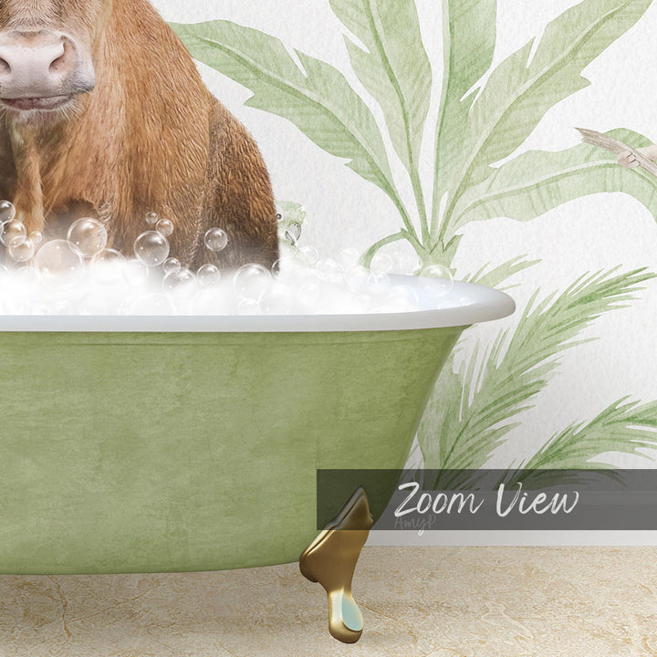 A brown cow is sitting in a green bathtub filled with bubbles, with a palm tree and a bird in the background.