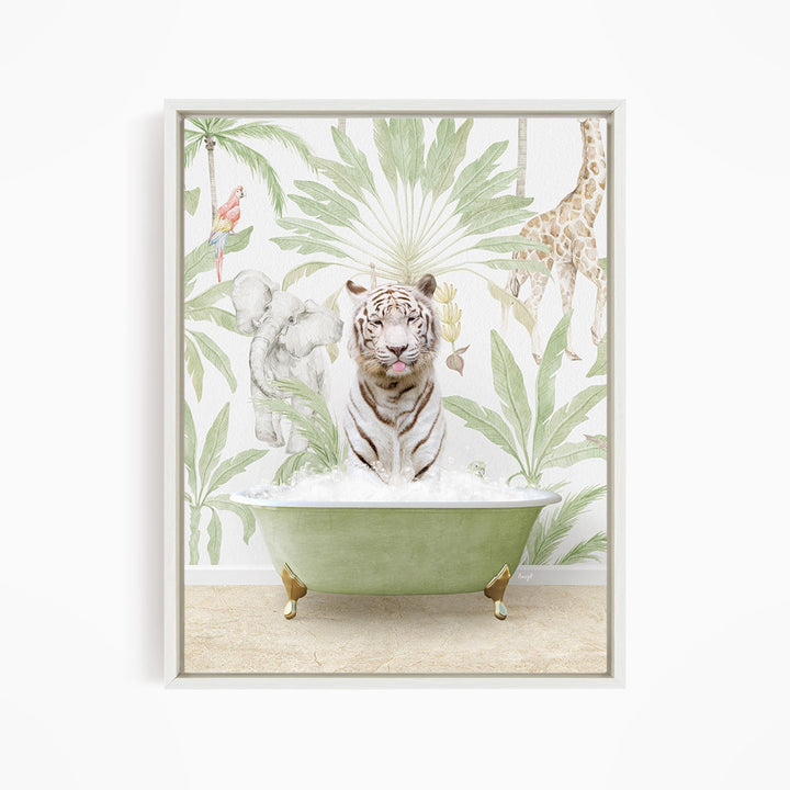 A white tiger is sitting in a green bathtub, surrounded by tropical plants and animals, including a giraffe and a parrot.