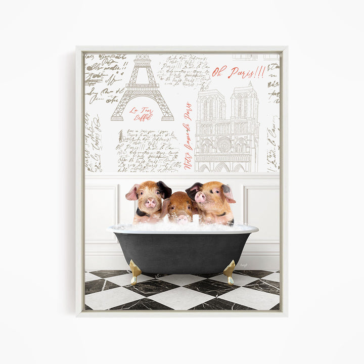 Three adorable pigs sitting in a bathtub, with a Paris-themed background featuring the Eiffel Tower and other Parisian landmarks.